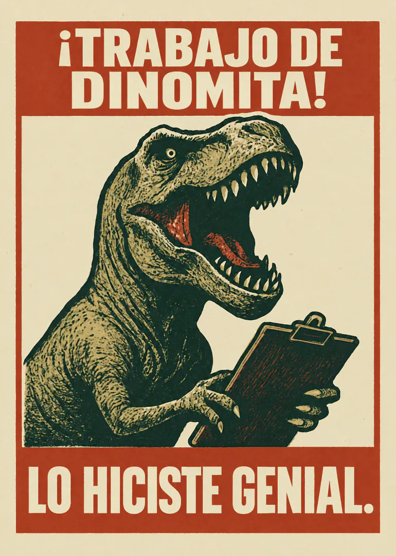 Tarjeta retro con un dinosaurio sujetando un portapapeles y un mensaje de felicitación.