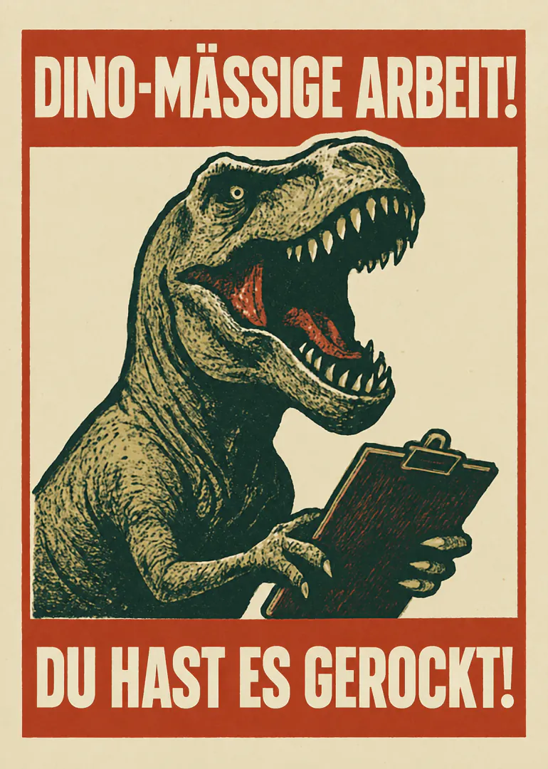 Vintagekarte mit T-Rex und Klemmbrett sowie dem Text „DINO-MÄSSIGE ARBEIT! DU HAST ES GEROCKT!“