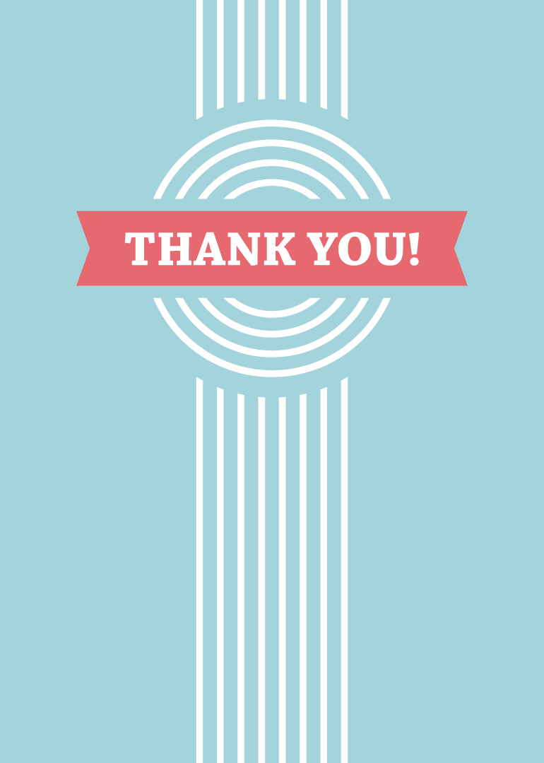 Thank you card with geometric white lines and pink banner on blue background