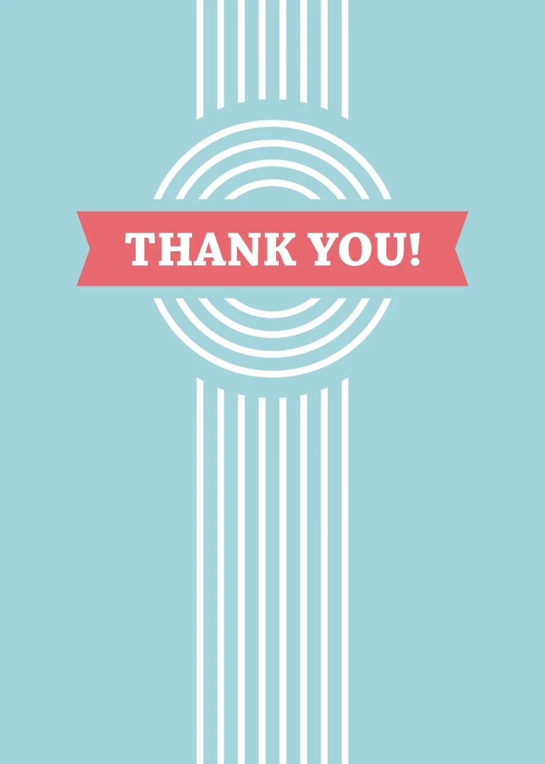 Light blue thank you card with white geometric circles, stripes, and coral banner text centered