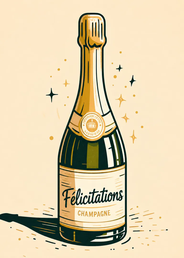 Illustration rétro d'une bouteille de champagne avec l'inscription « Félicitations » et des étincelles dorées.