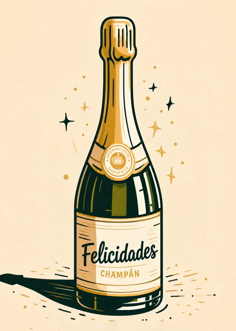 Ilustración retro de una botella de champán con la palabra «Felicidades» y destellos dorados.