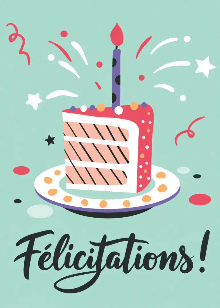 Carte vert menthe avec une part de gâteau décorée, une bougie allumée et le texte « Félicitations ! ».