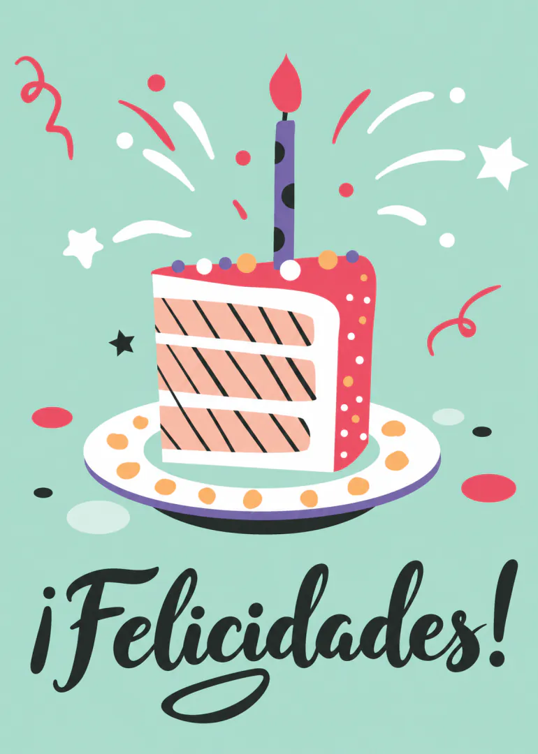 Tarjeta verde menta con una porción de tarta de cumpleaños, vela encendida y el texto «¡Felicidades!».