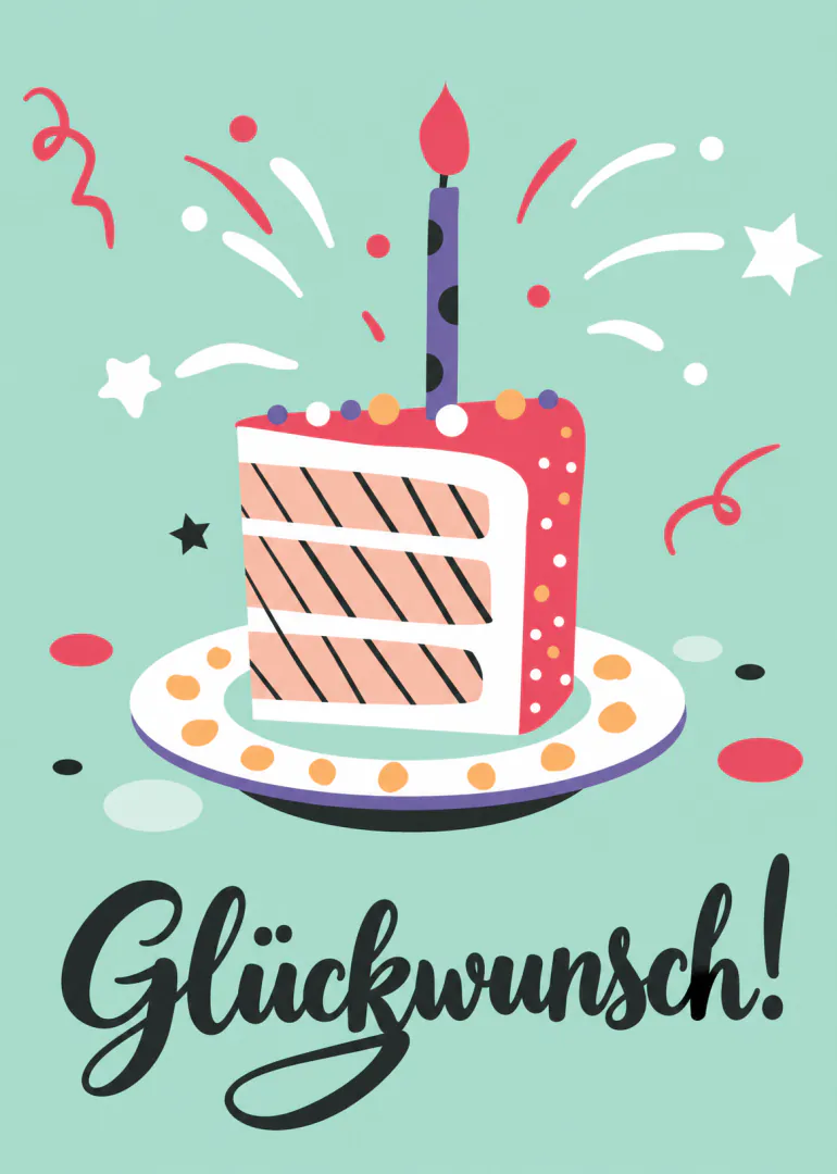 Illustrierte Geburtstagstorte mit Kerze, Konfetti und dem Schriftzug „Glückwunsch!“ auf mintgrünem Hintergrund.