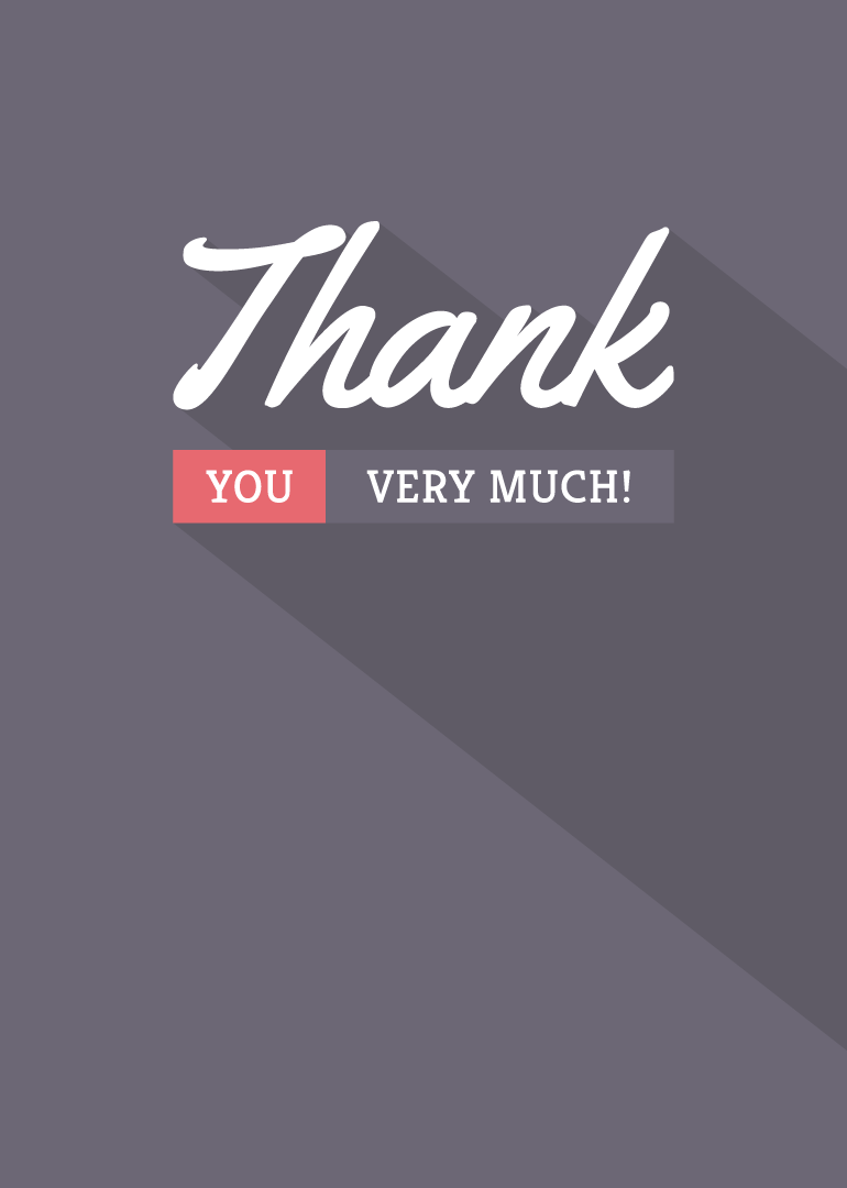 Thank you card with white and red text on purple background with shadow