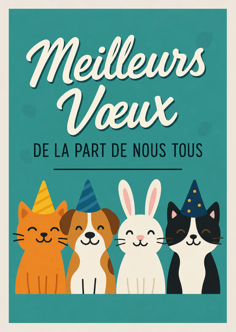 Carte turquoise avec quatre animaux souriants coiffés de chapeaux de fête et le message « Meilleurs Vœux de la part de nous tous ».