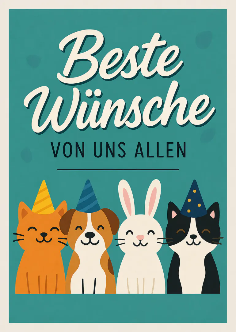 Türkise Karte mit den Worten „Beste Wünsche von uns allen“ und vier lächelnden Tieren mit Partyhüten.