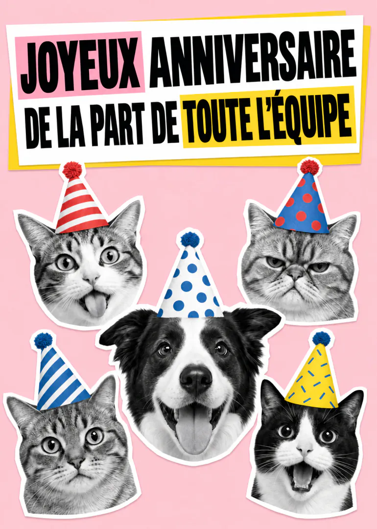 Carte rose avec cinq chiens et chats en noir et blanc portant des chapeaux de fête, sous un message d’anniversaire collectif.