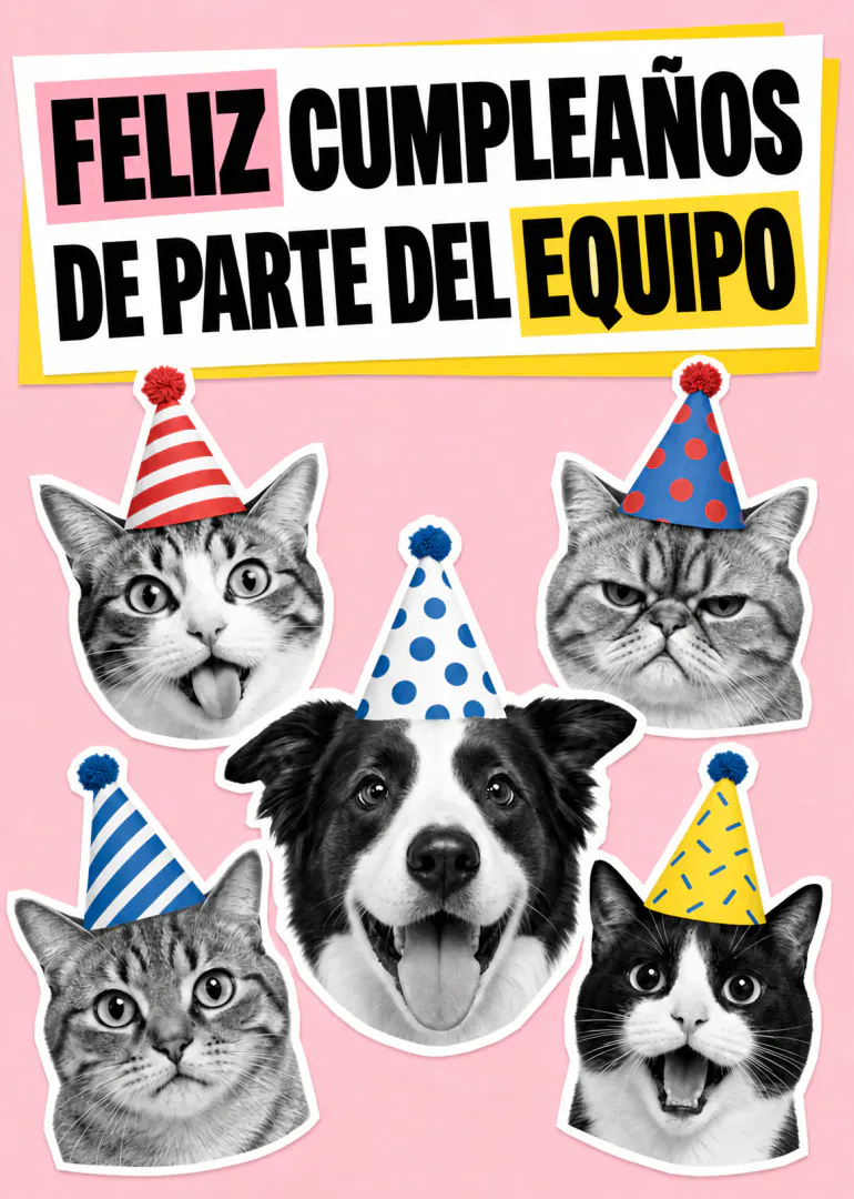 Tarjeta rosa con cinco animales en sombreros de fiesta y el mensaje «FELIZ CUMPLEAÑOS DE PARTE DEL EQUIPO».