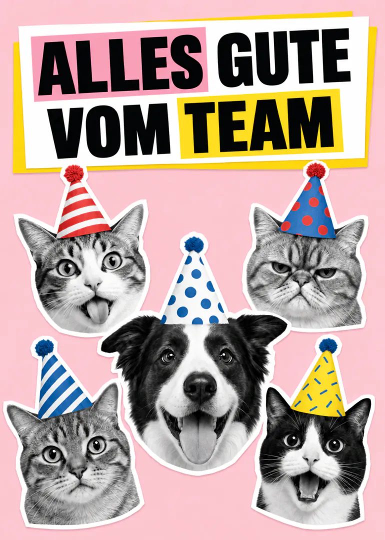 Rosa Karte mit Katzen und einem Hund in bunten Partyhüten sowie dem Text „ALLES GUTE VOM TEAM“.