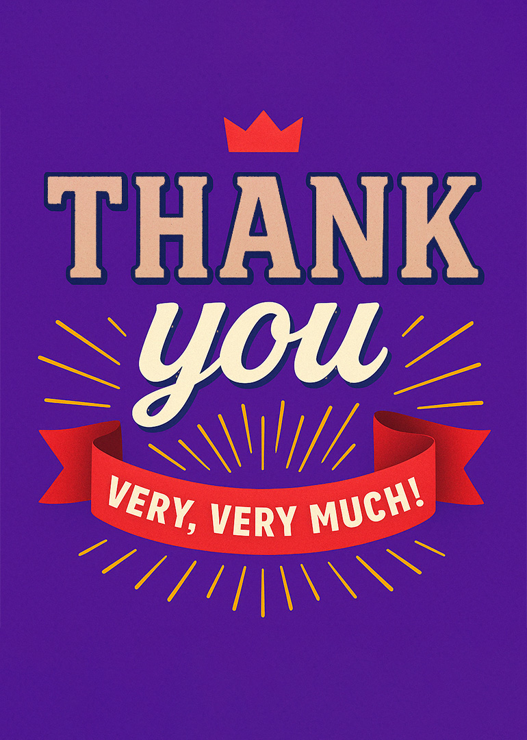 Thank you card with bold text, red ribbon, crown, and yellow rays on purple background