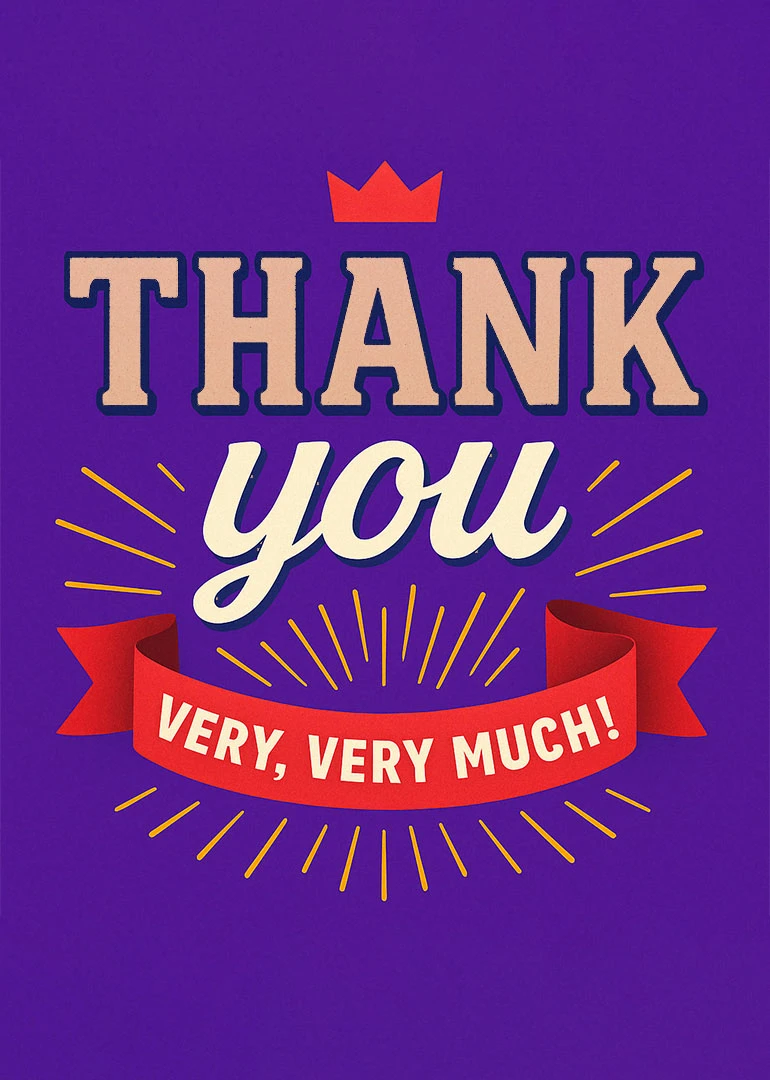 Purple thank you card with crown, ribbon banner, and bold retro lettering on centered design.