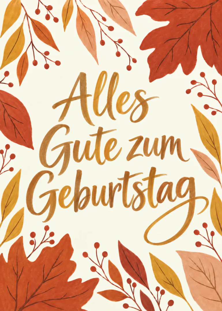 Cremefarbene Geburtstagskarte mit goldener Handschrift, umrahmt von roten, orangefarbenen und gelben Herbstblättern.