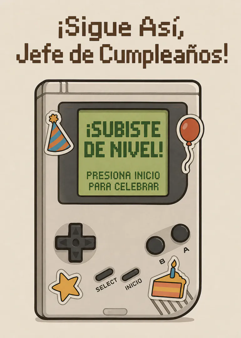 Tarjeta de cumpleaños con una consola portátil retro, globos, gorro de fiesta, tarta y mensajes en píxeles.