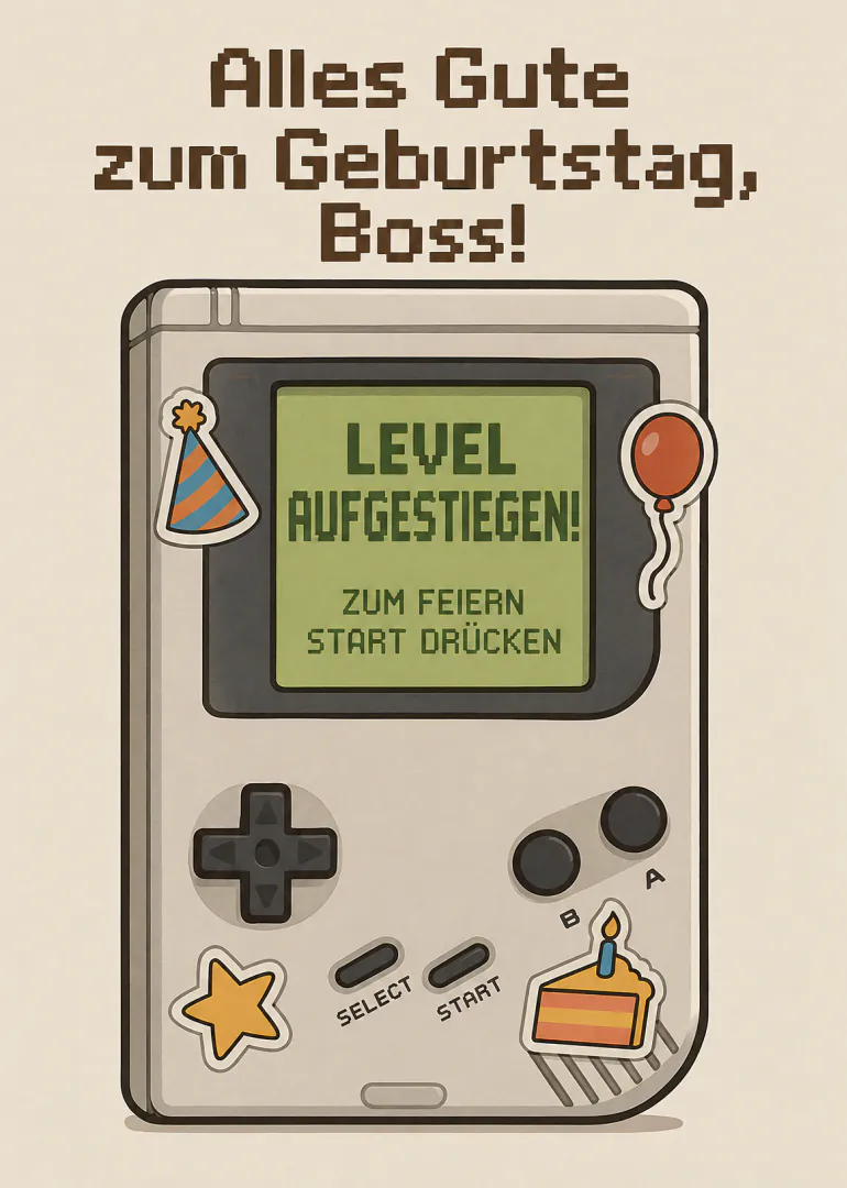 Retro-Spielkonsole mit Geburtstagswünschen für den Boss, Partyhut, Ballon und Geburtstagskuchen.