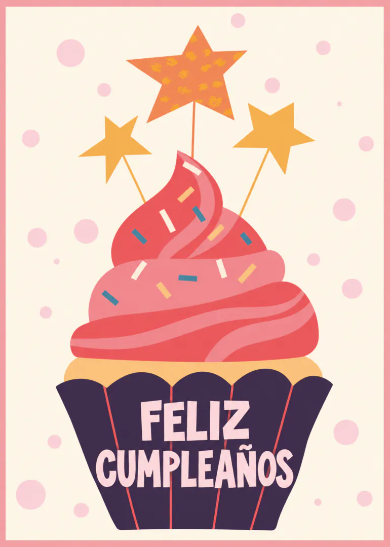 Tarjeta de cumpleaños con una magdalena rosa, estrellas naranjas y el texto «FELIZ CUMPLEAÑOS».