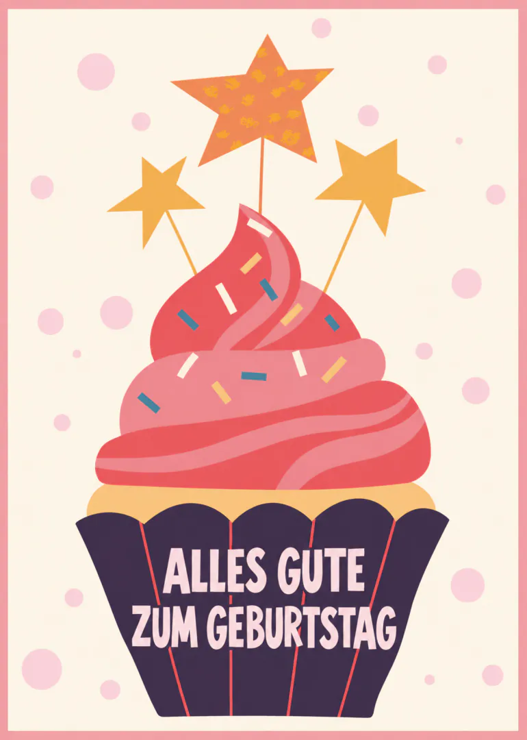 Illustration einer rosa Torte mit Streuseln, Sternen und dem Schriftzug „ALLES GUTE ZUM GEBURTSTAG“.