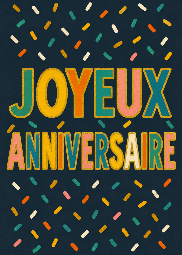 Carte bleu nuit avec le texte JOYEUX ANNIVERSAIRE en grandes lettres colorées et des confettis.
