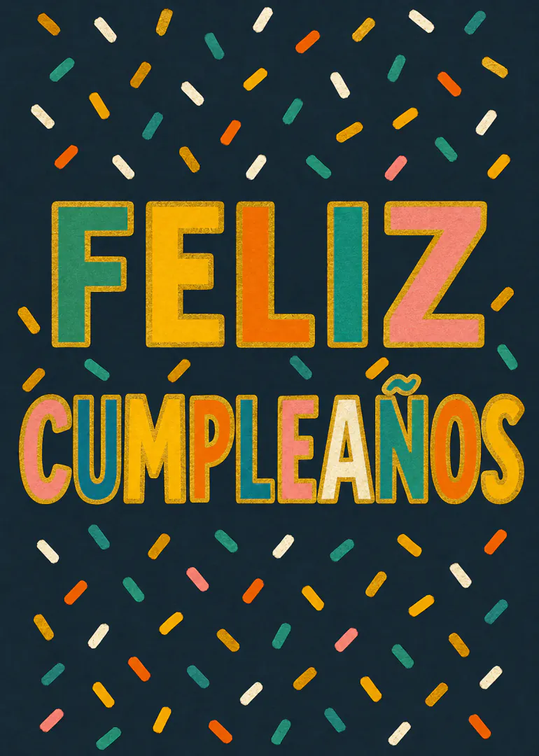 Tarjeta azul oscuro con el texto «FELIZ CUMPLEAÑOS» en letras grandes multicolores, rodeado de confeti.
