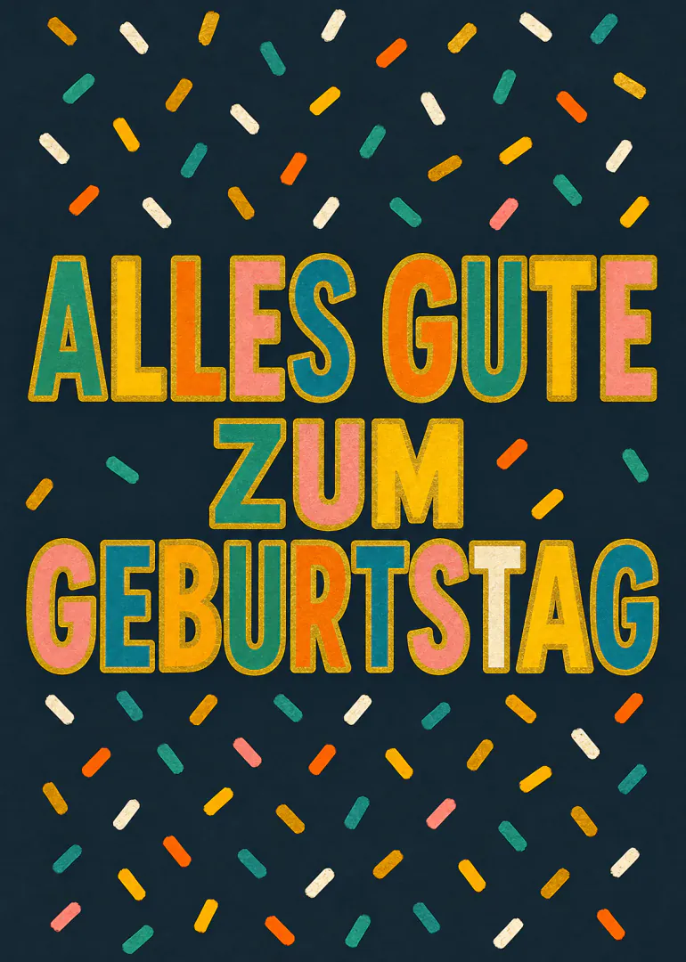 Dunkelblaue Geburtstagskarte mit bunter Schrift und Konfetti.