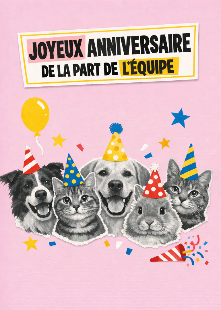 Carte rose avec cinq animaux portant des chapeaux de fête et le message « JOYEUX ANNIVERSAIRE DE LA PART DE L'ÉQUIPE ».