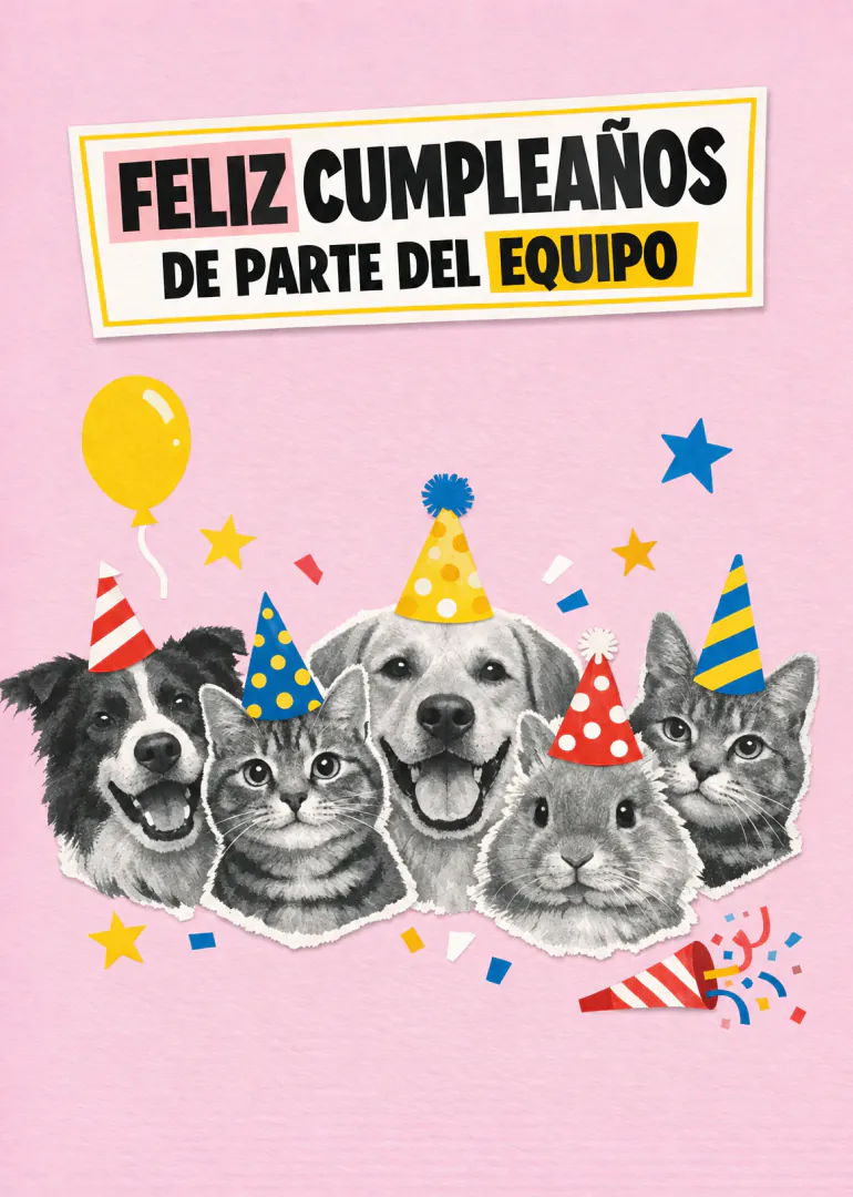 Tarjeta rosa con perros, gatos y un conejo con gorros de fiesta y el mensaje «FELIZ CUMPLEAÑOS DE PARTE DEL EQUIPO».