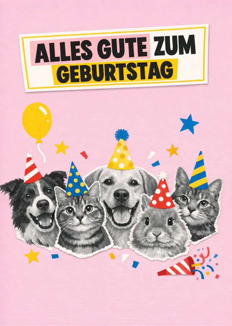 Rosa Geburtstagskarte mit fünf Tieren in Partyhüten, Konfetti und dem Schriftzug „ALLES GUTE ZUM GEBURTSTAG“.