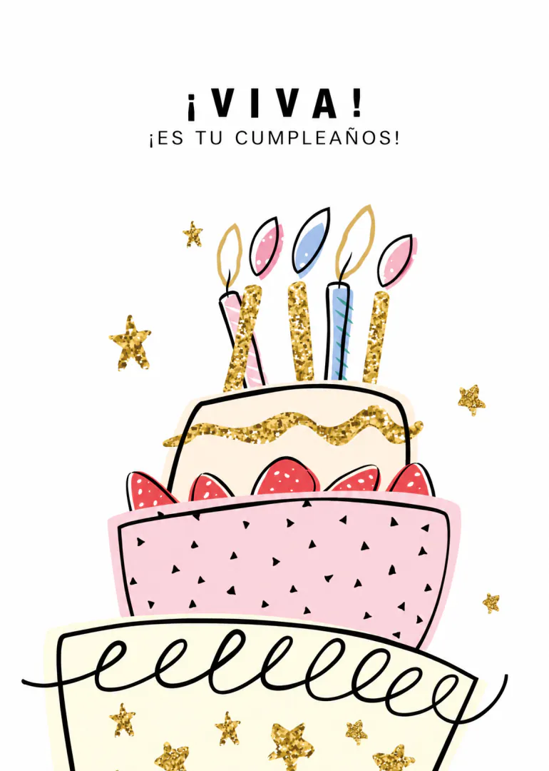 Tarjeta blanca con una tarta de capas rosa y crema, velas de colores, estrellas doradas y el texto «¡VIVA! ¡ES TU CUMPLEAÑOS!».