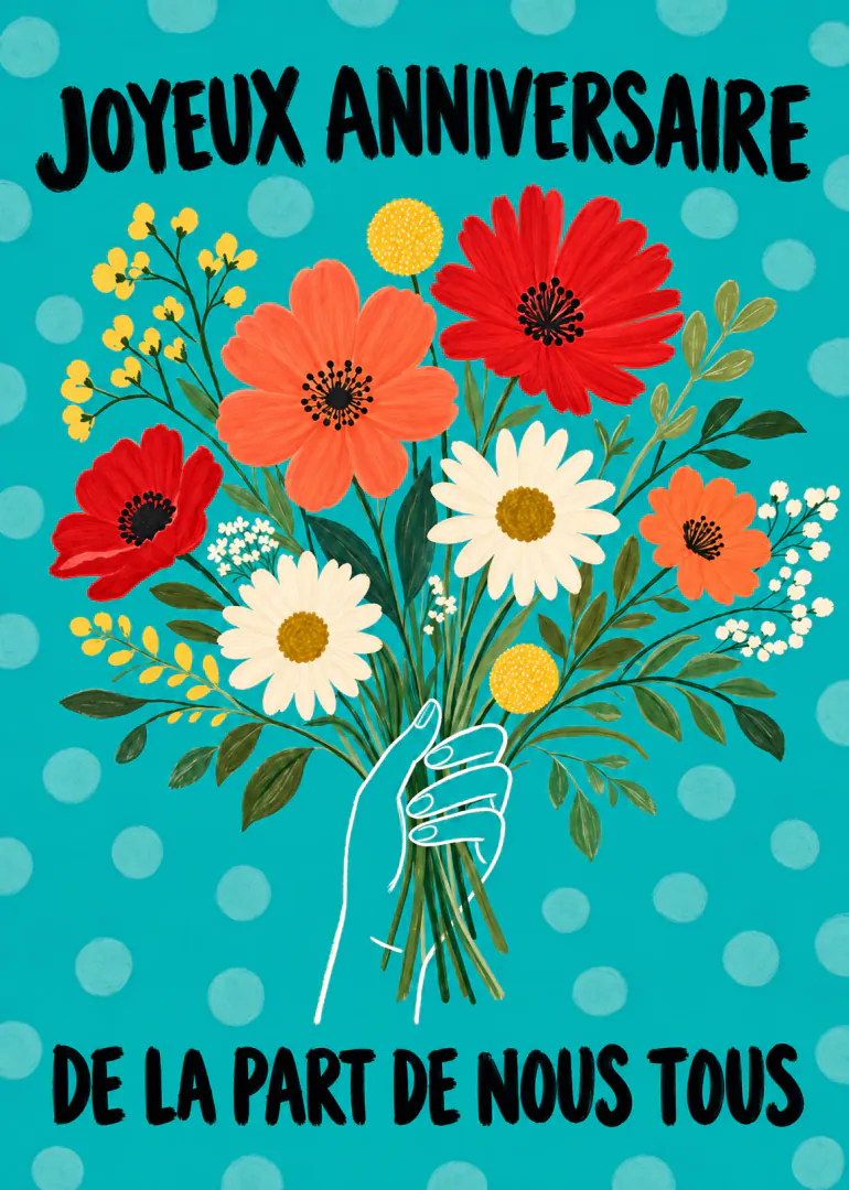 Carte turquoise à pois avec une main tenant un bouquet de fleurs rouges, blanches, orange et jaunes.