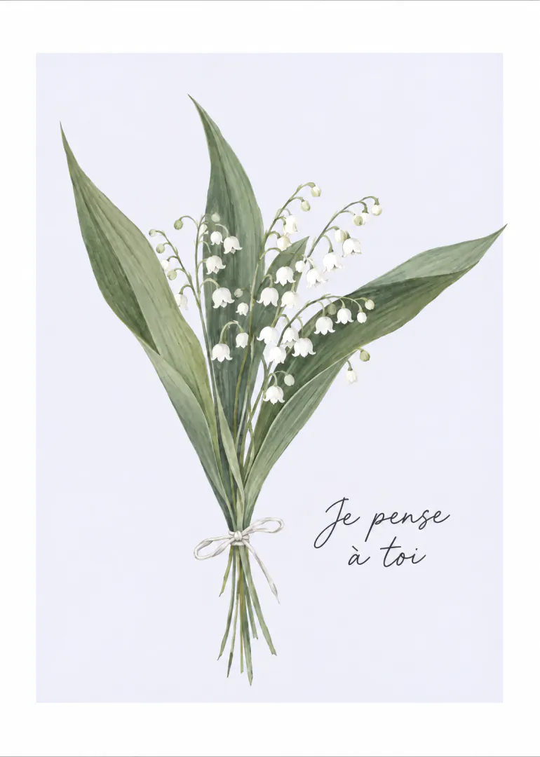 Carte illustrée d’un bouquet de muguet blanc noué d’un ruban, avec le texte « Je pense à toi ».
