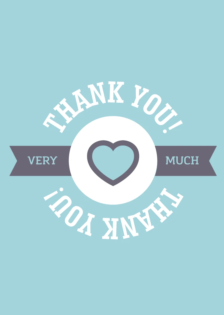 Blue thank you card with a heart emblem and ribbon reading very much centered design.