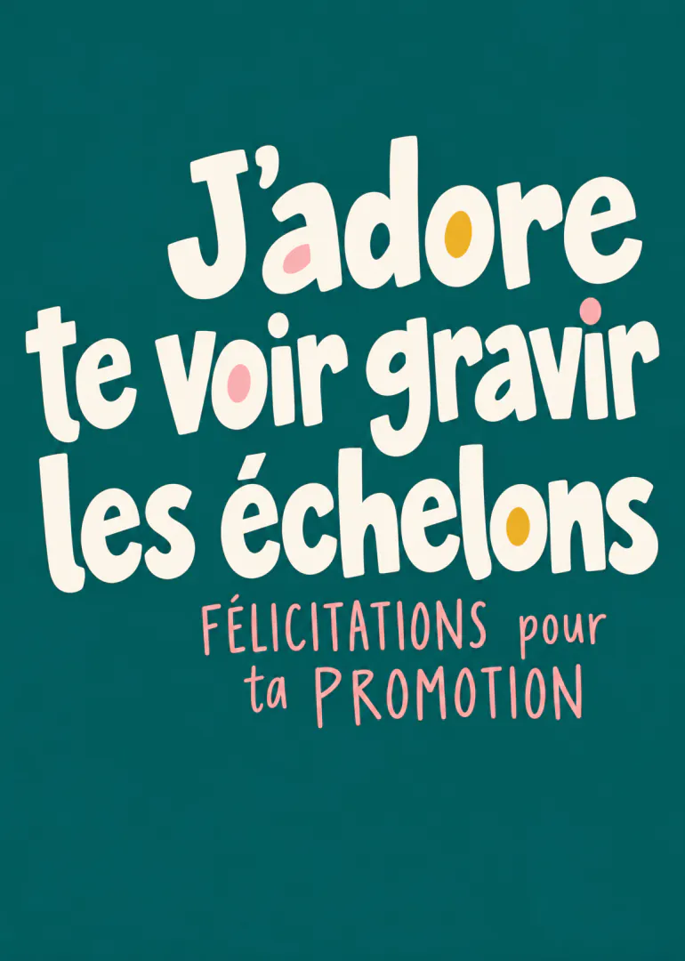 Carte vert canard avec un message de félicitations pour une promotion en lettres crème et roses.
