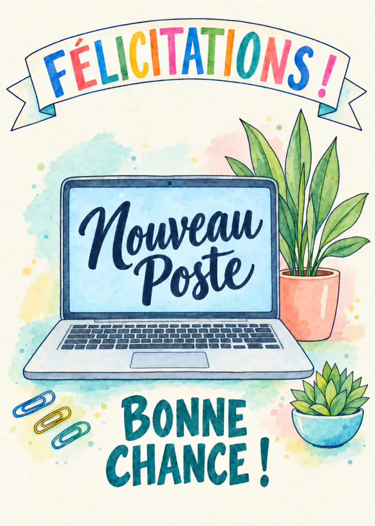 Carte illustrée montrant un ordinateur portable, des plantes et le message « Félicitations ! Nouveau Poste Bonne Chance ! ».