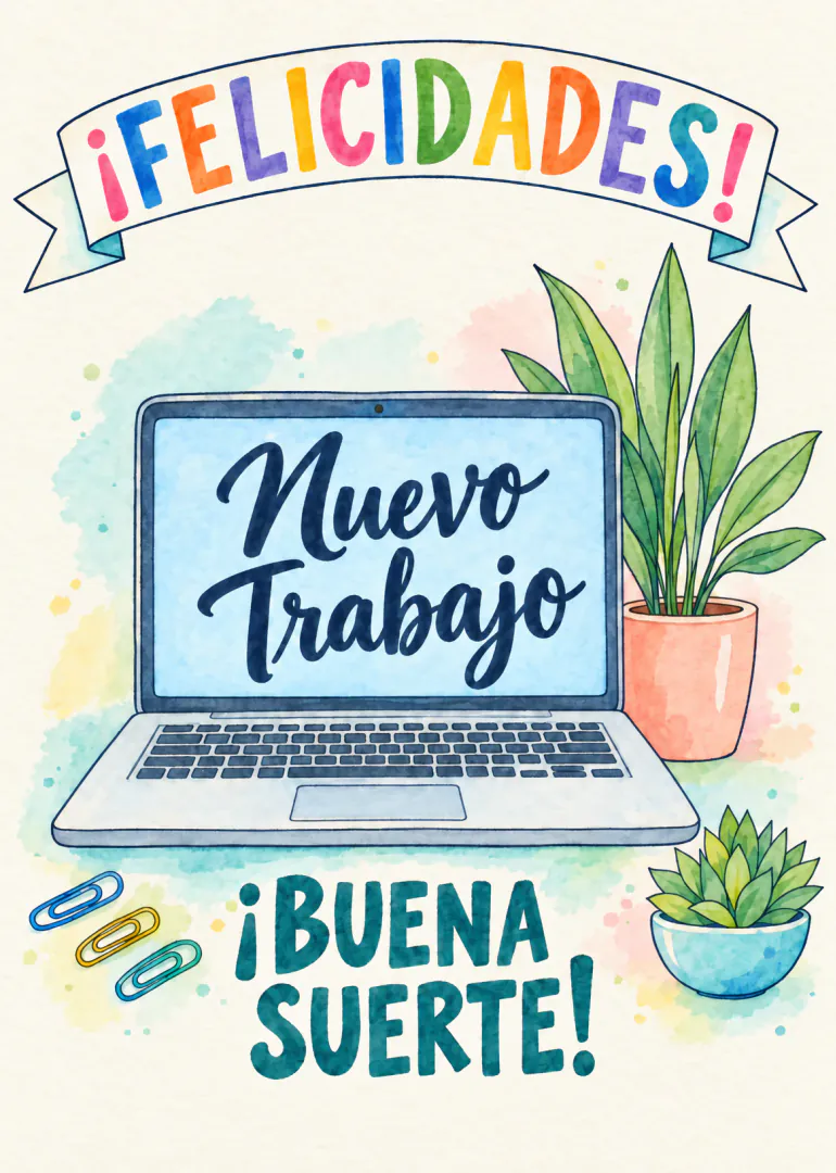 Tarjeta ilustrada con un portátil que dice «Nuevo Trabajo», plantas en maceta y el mensaje «¡Felicidades! ¡Buena suerte!».