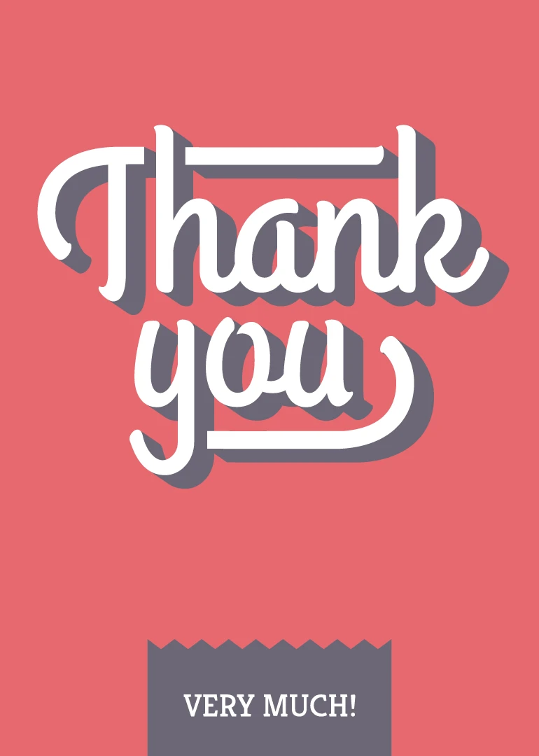 Bold retro thank you very much card in pink with white script and gray shadow.