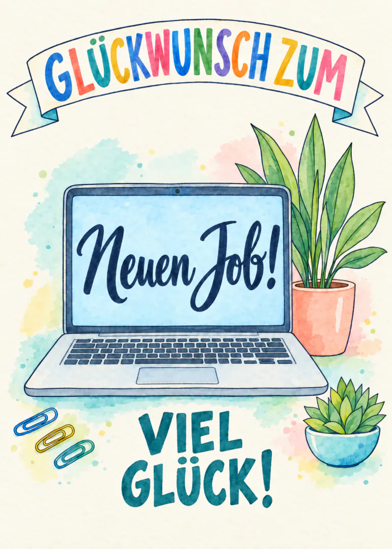 Aquarellkarte mit Laptop, Zimmerpflanzen und dem Schriftzug „Glückwunsch zum Neuen Job! Viel Glück!“