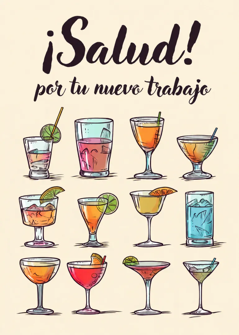 Tarjeta beige con el mensaje «¡Salud! por tu nuevo trabajo» y doce copas de cóctel ilustradas.