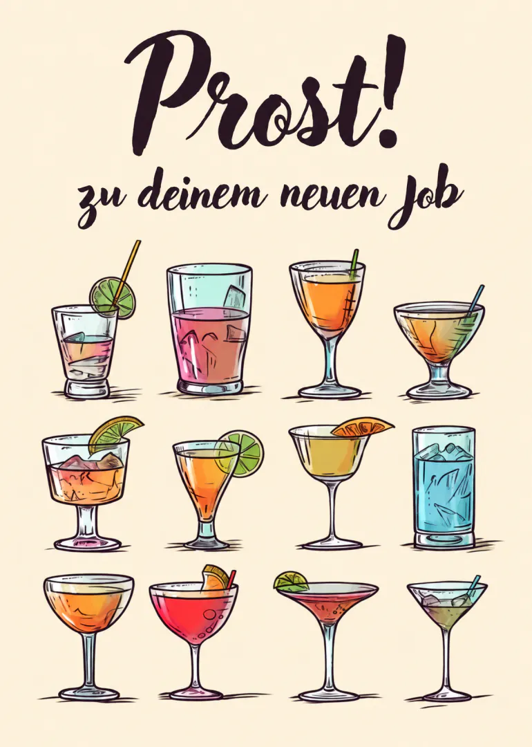 Karte mit der Aufschrift „Prost! zu deinem neuen Job“ und zwölf bunten Cocktailgläsern.