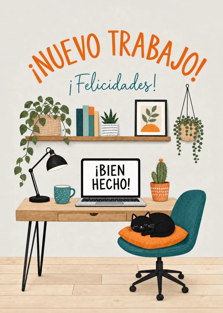 Tarjeta ilustrada de un escritorio con plantas, portátil y gato, con el mensaje «¡Nuevo trabajo! ¡Felicidades!»