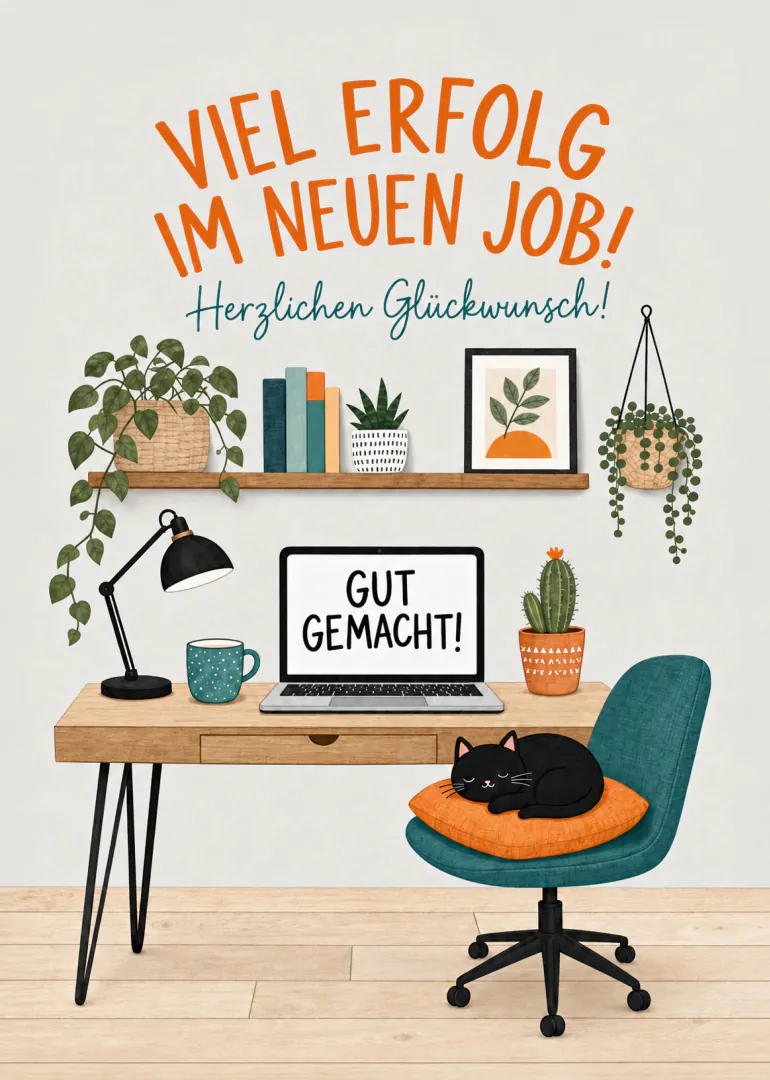 Illustration eines gemütlichen Arbeitsplatzes mit Katze und Glückwünschen zum neuen Job.