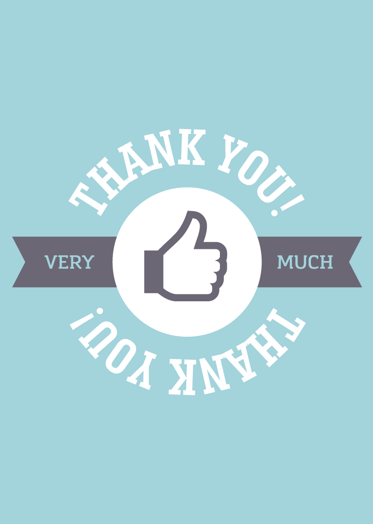 Thank you card with thumbs up icon on blue background and bold white text
