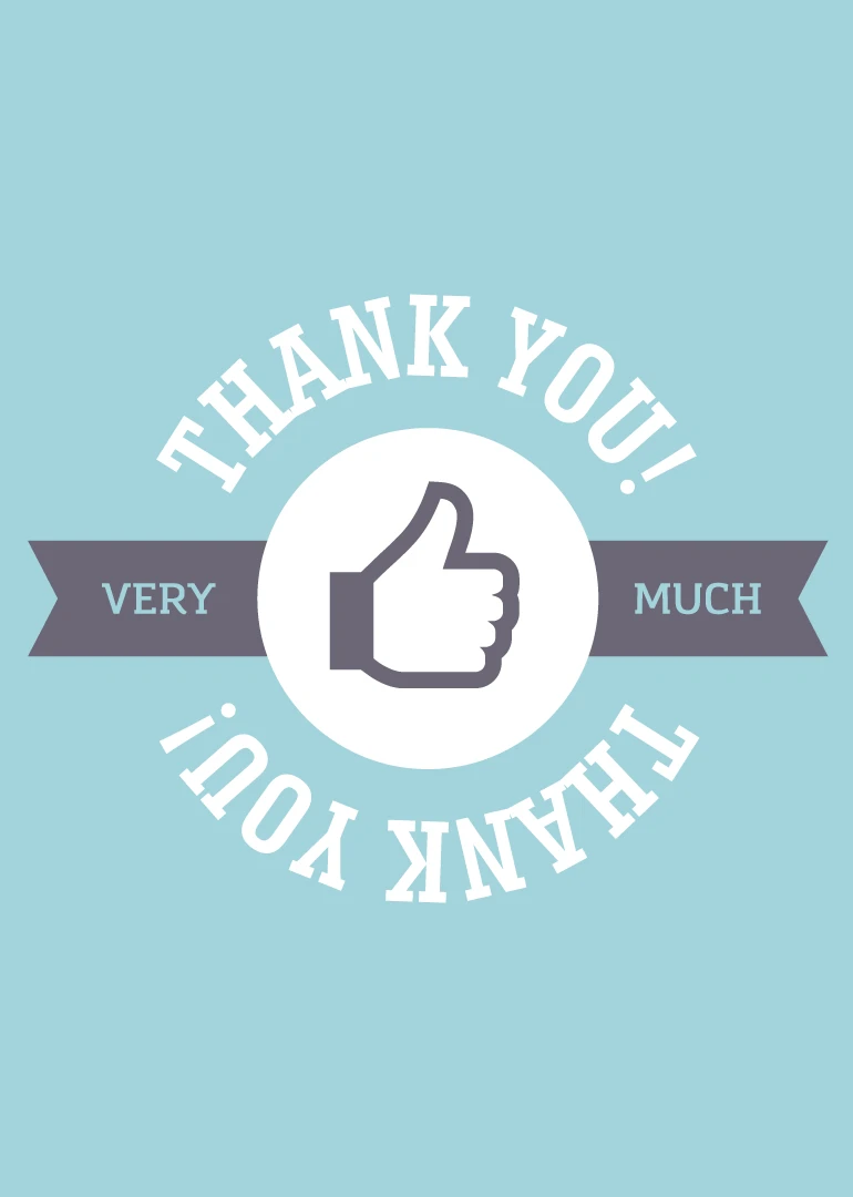 Thumbs up thank you card with ribbon banner and bold Thank You Very Much text.