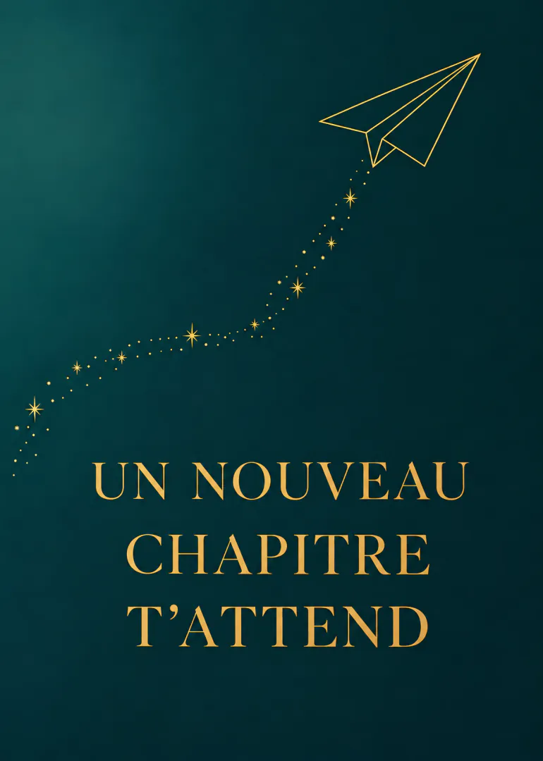 Carte vert pétrole avec avion en papier doré et traînée d’étoiles, portant le message « UN NOUVEAU CHAPITRE T’ATTEND ».