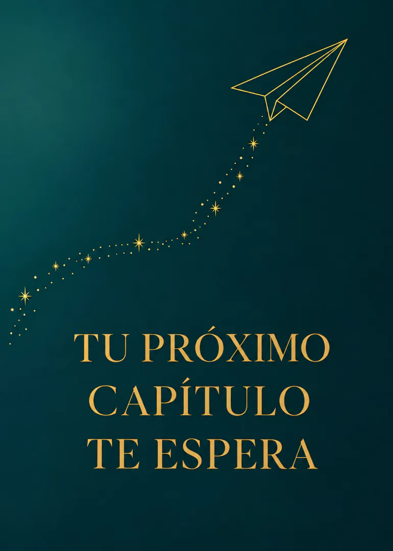 Tarjeta verde azulado oscuro con un avión de papel dorado, una estela de estrellas y el mensaje «TU PRÓXIMO CAPÍTULO TE ESPERA».
