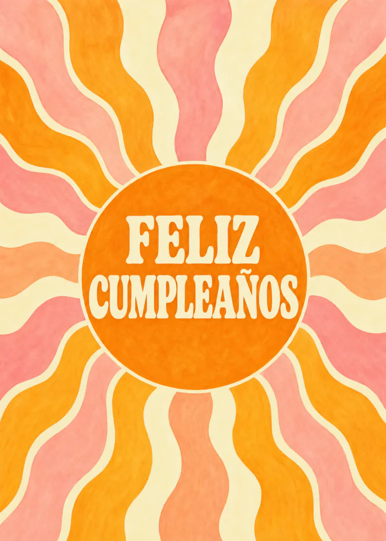 Tarjeta de cumpleaños con un sol naranja y rayos ondulados rosas y amarillos.