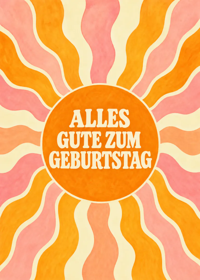 Retro-Geburtstagskarte mit orangefarbener Sonne und rosa-orangefarbenen Strahlen.