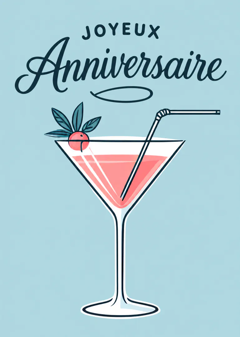 Carte bleu clair avec « JOYEUX Anniversaire », un cocktail rose, une cerise et une paille.