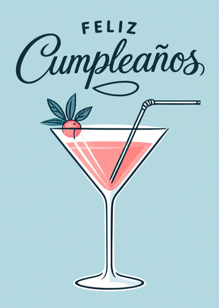 Tarjeta azul claro con el texto «FELIZ Cumpleaños» y un cóctel rosa con cereza.