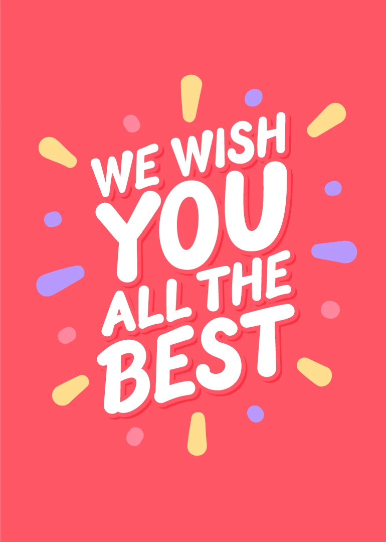 Pink card with white text We wish you all the best surrounded by colourful confetti.